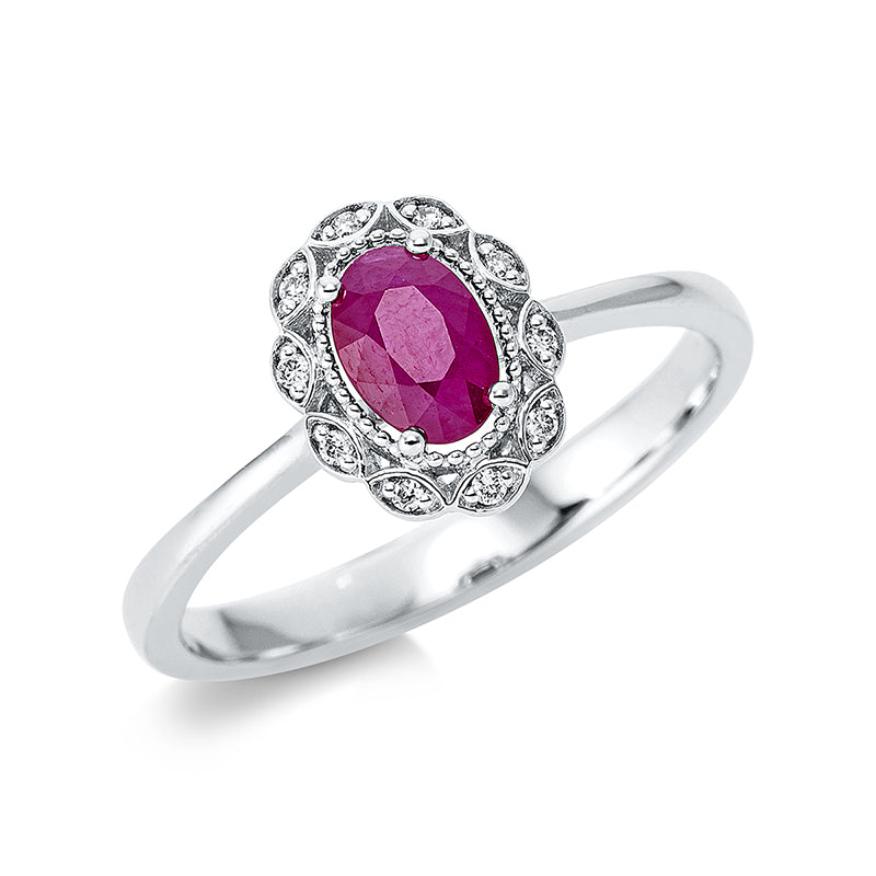 Ring 18 kt WG, 10 Brill. 0,04 ct, I-si, 1 Rubin 0,55 ct rot
