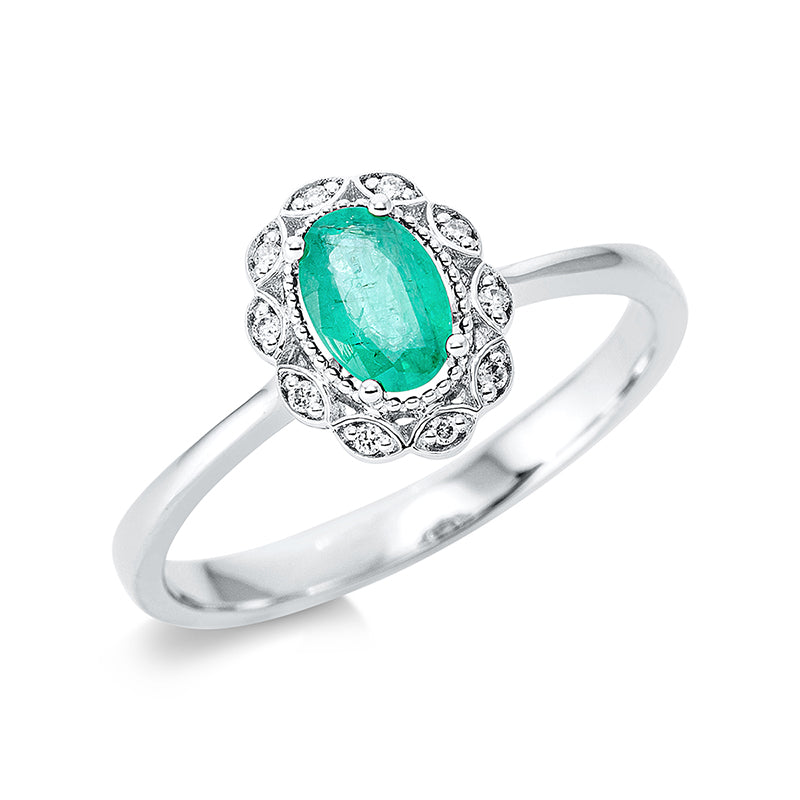 Ring 18 kt WG, 10 Brill. 0,04 ct, I-si, 1 Smaragd 0,40 ct grün