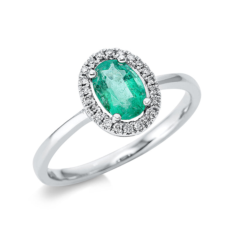Ring 18 kt WG, 22 Brill. 0,08 ct, I-si, 1 Smaragd 0,70 ct grün
