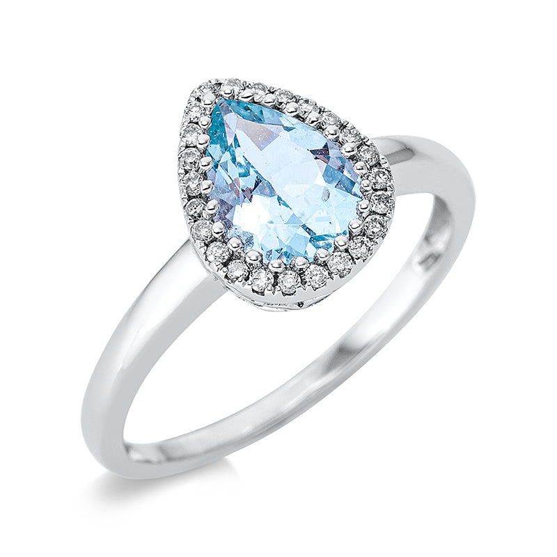 Ring 14 kt WG. 24 Brillanten 0.10 ct. I-si. 1 Aquamarin 0.90 ct blau. Weite:53