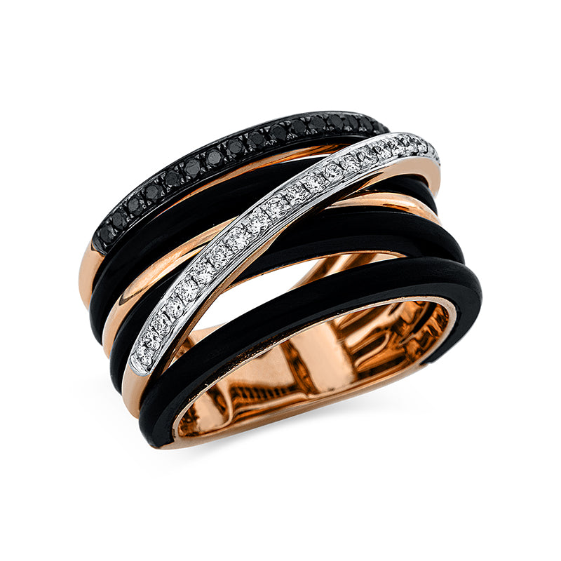 Ring 18 kt RG+WG. Fassung schwarz rhodiniert. 24 Brillanten 0.25 ct. TW-si. 19 Brillanten 0.22 ct. schwarz. 3 Onyx 4.68 ct. Weite:54