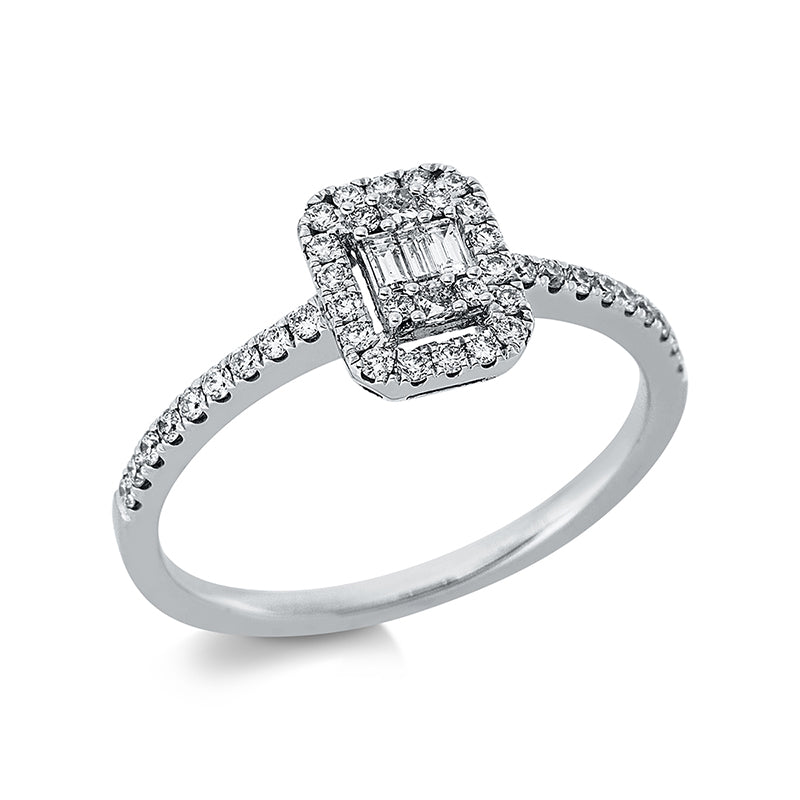 Ring 18 kt WG. 3 Baguette 0.06 ct. TW-si. 2 Princ. 0.04 ct. TW-si. 40 Brillanten 0.26 ct. TW-si. Weite:53