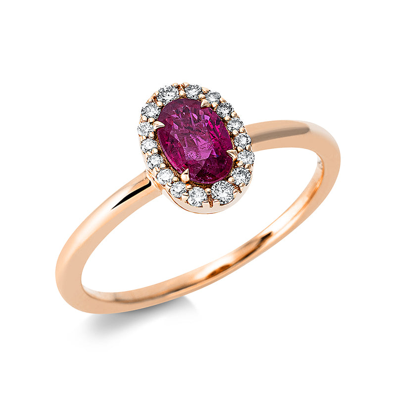 Ring 18 kt RG, 16 Brill. 0,12 ct, W-pi, 1 Rubin 0,52 ct rot