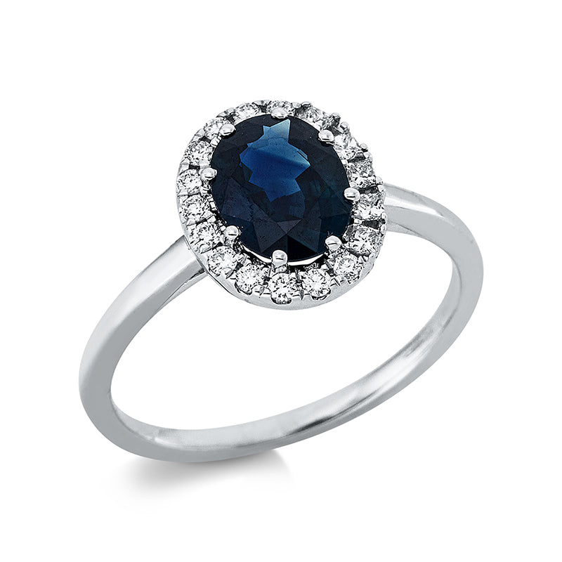 Ring 18 kt WG. 5 Princ. 0.08 ct. TW-si. 12 Brillanten 0.11 ct. TW-si. 1 Saphir 1.32 ct blau. Weite:53