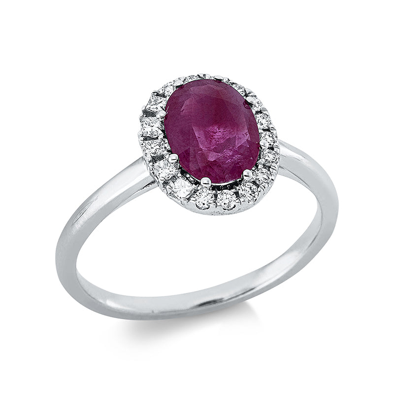 Ring 18 kt WG, 5 Princ. 0,08 ct, TW-si, 12 Brill. 0,11 ct, TW-si, 1 Rubin 1,22 ct rot
