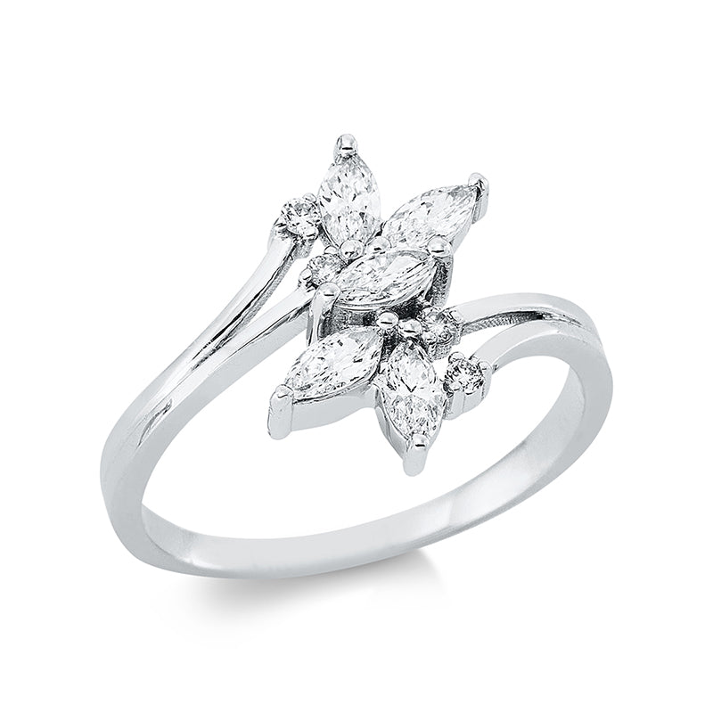 Ring 14 kt WG. 5 Navette 0.51 ct. F-vsi. 4 Brillanten 0.07 ct. F-si. Weite:53