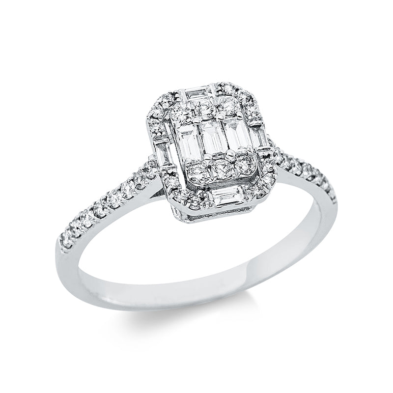 Ring 14 kt WG. 3 Baguette 0.13 ct. F-vsi. 4 Baguette 0.06 ct. F-vsi. 22 Brillanten 0.24 ct. F-si. 12 Brillanten 0.06 ct. F-si. Weite:53