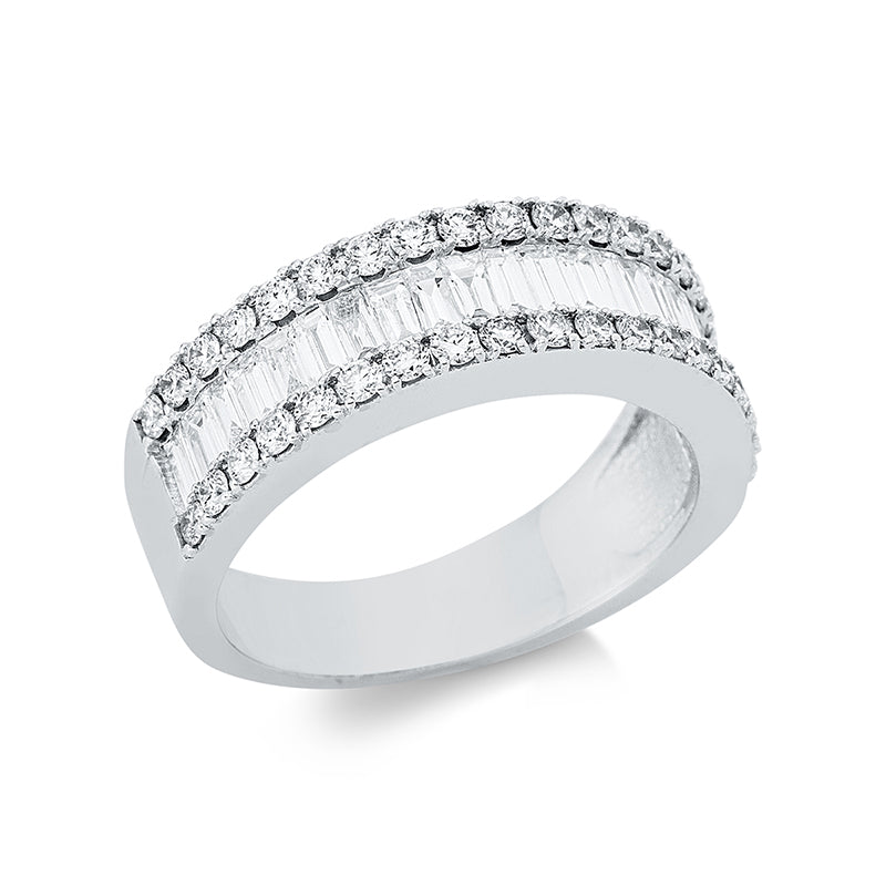 Ring 14 kt WG. 22 Baguette 0.76 ct. F-vsi. 38 Brillanten 0.60 ct. F-si. Weite:53