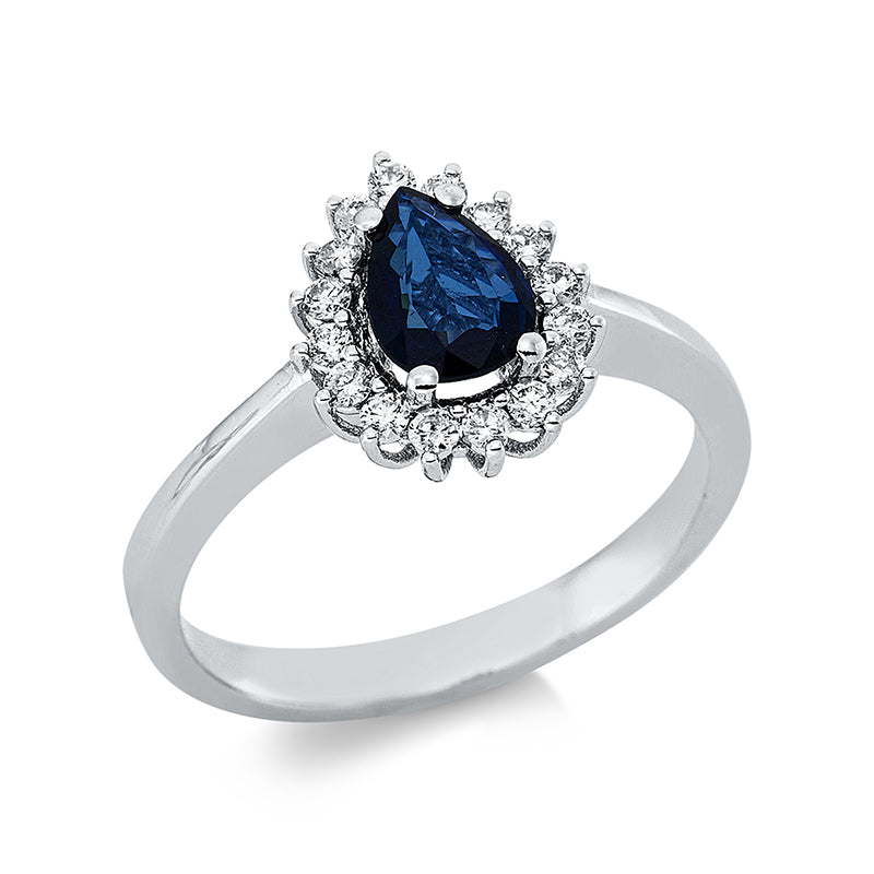 Ring 3er-Krappe 18 kt WG. 16 Brillanten 0.22 ct. F-si. 1 Saphir 0.58 ct blau. Weite:53