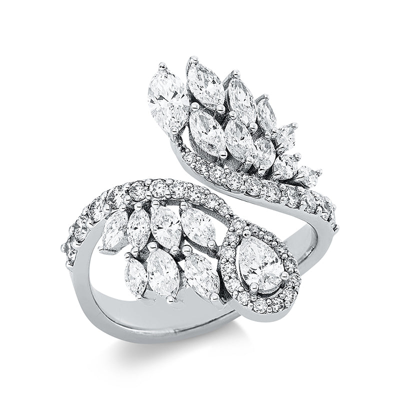 Ring 18 kt WG. 1 Tropfen 0.22 ct. F-vsi. 1 Navette 0.21 ct. F-vsi. 8 Navette 0.79 ct. F-vsi. 8 Navette 0.20 ct. F-vsi. 34 Brillanten 0.93 ct. F-si. Weite:54
