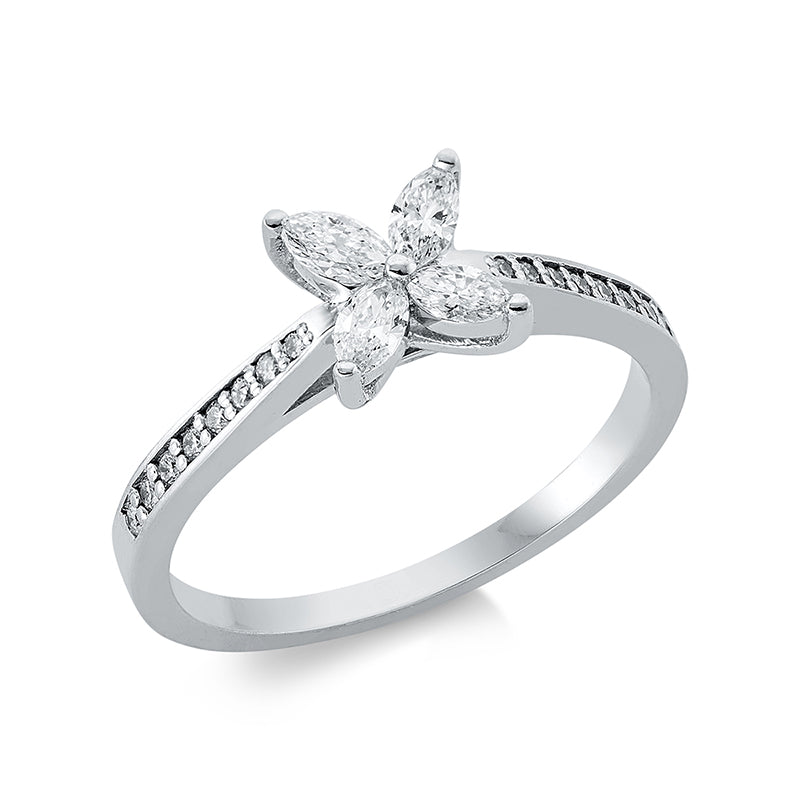 Ring 18 kt WG. 4 Navette 0.23 ct. F-vsi. 16 Brillanten 0.10 ct. F-si. H:6.4 mm. B:6.3 mm. Weite:52