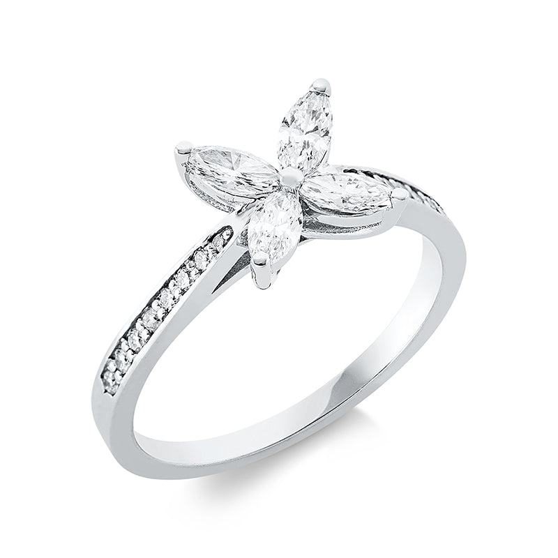 Ring 18 kt WG. 4 Navette 0.41 ct. F-vsi. 16 Brillanten 0.11 ct. F-si. H:7.8 mm. B:7.8 mm. Weite:52