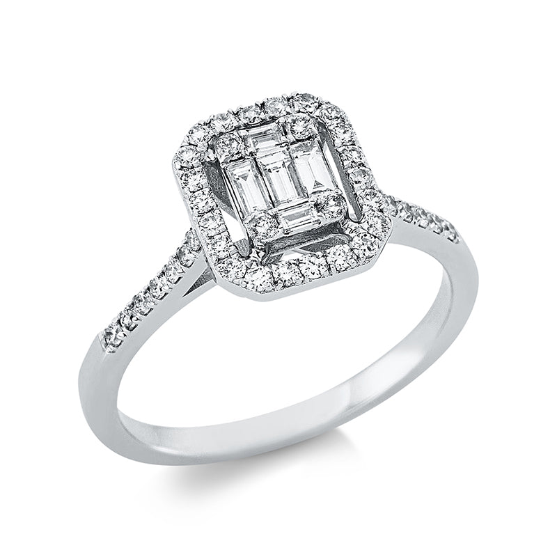 Ring 18 kt WG. 4 Brillanten 0.04 ct. F-si. 2 Baguette 0.04 ct. F-vsi. 3 Baguette 0.17 ct. F-vsi. 36 Brillanten 0.29 ct. F-si. Weite:54