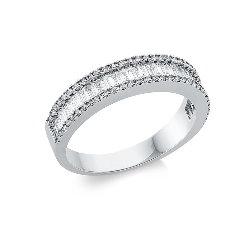 Ring 18 kt WG. 28 Baguette 0.56 ct. F-vsi. 62 Brillanten 0.23 ct. F-si. B:4.2 mm. Weite:54