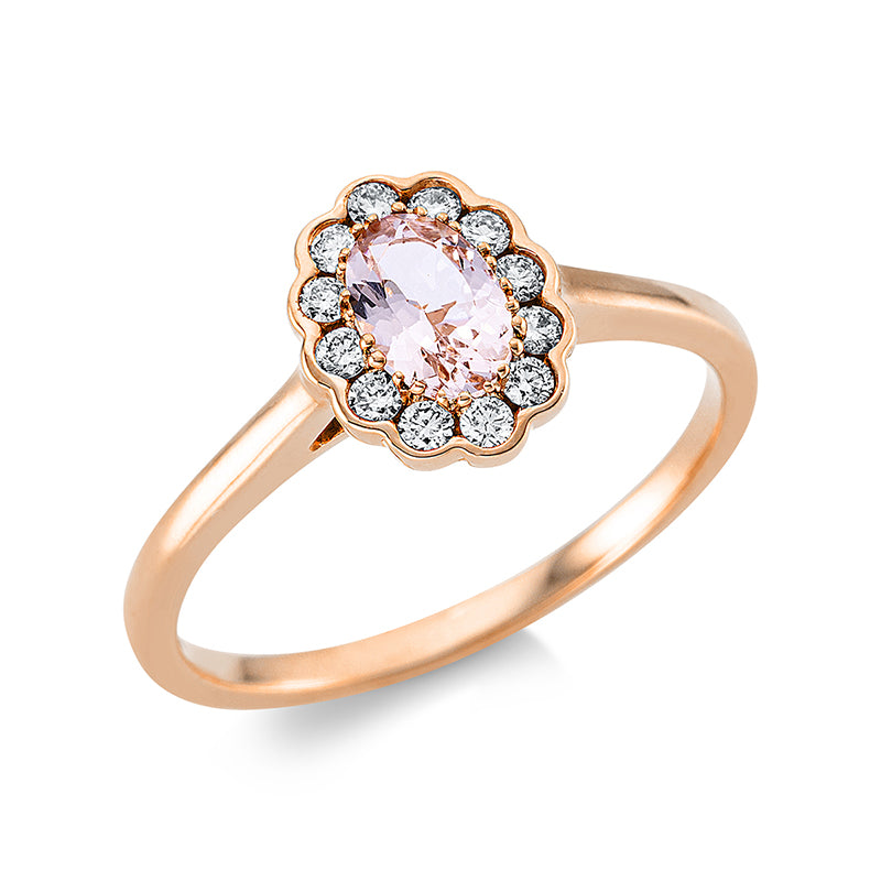 Ring 18 kt RG, 12 Brill. 0,15 ct, TW-si, 1 Morganit 0,40 ct rosa