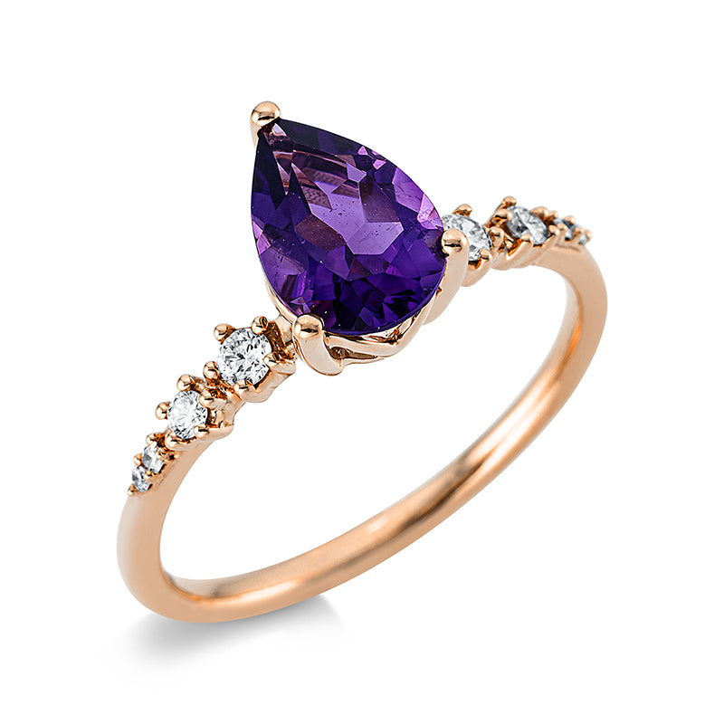 Ring 3er-Krappe 18 kt RG Tropfen. 4 Brillanten 0.10 ct. TW-si. 4 Diamanten 0.01 ct. TW-si. 1 Amethyst 1.15 ct pink. Weite:54