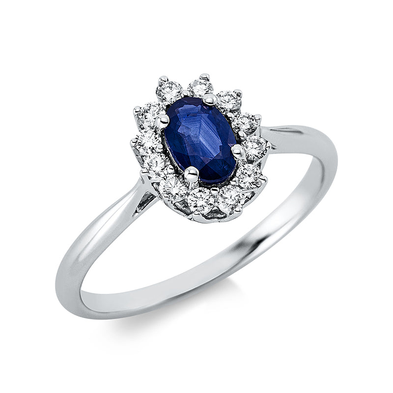 Ring 18 kt WG, 6 Brill. 0,11 ct, TW-si, 6 Brill. 0,09 ct, TW-si, 1 Saphir 0,55 ct blau