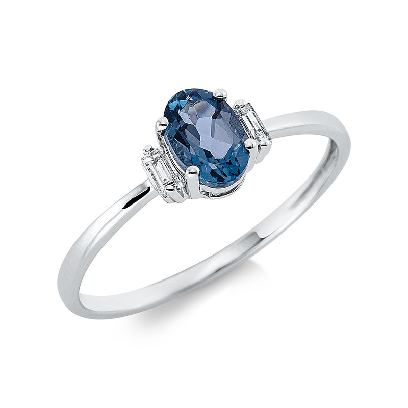 Ring 18 kt WG, 2 Bag. 0,05 ct, TW-si, 1 Topas 0,58 ct Lond. blue