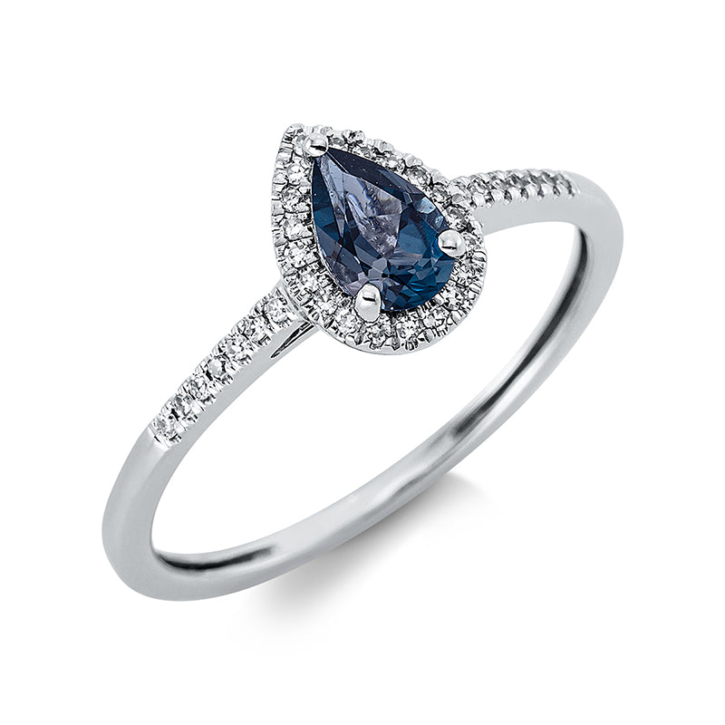 Ring 18 kt WG, 20 Dia. 0,05 ct, TW-si, 14 Dia. 0,04 ct, TW-si, 1 Topas 0,44 ct Lond. blue