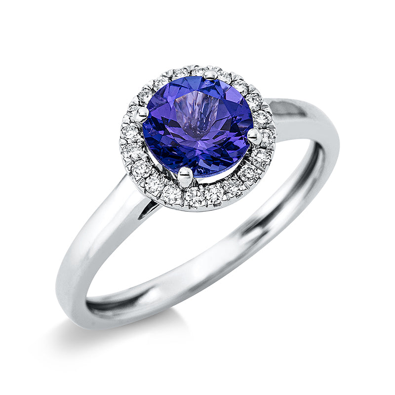 Ring 18 kt WG, 20 Brill. 0,12 ct, TW-si, 1 Tansanit 1,09 ct blau