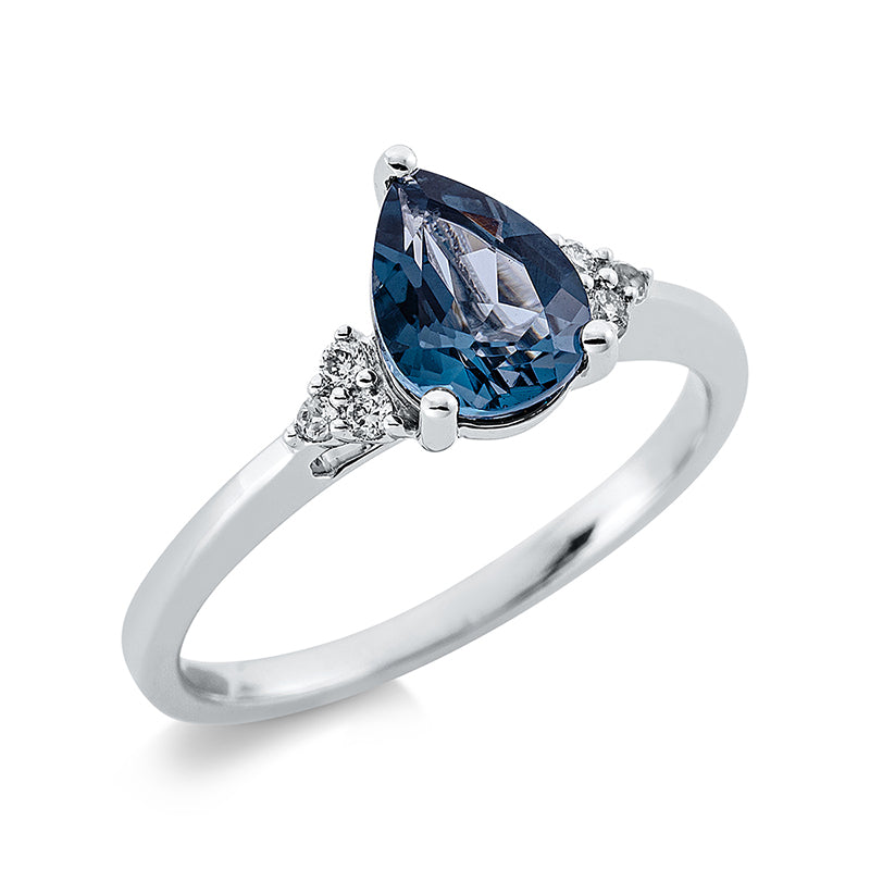 Ring 18 kt WG, 4 Brill. 0,05 ct, TW-si, 1 Topas 1,30 ct Lond. blue, 2 Topase 0,04 ct blau