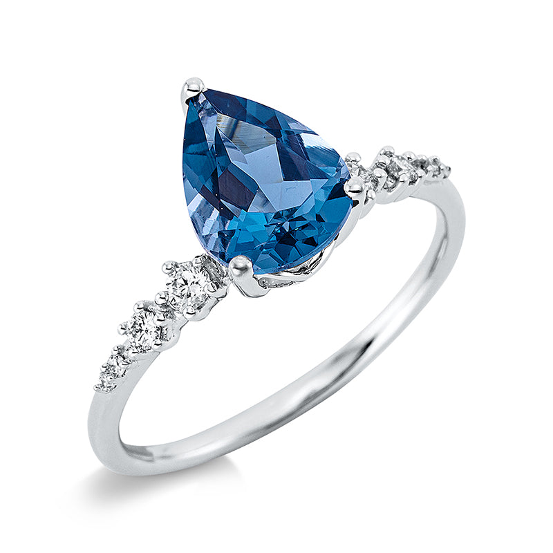 Ring 18 kt WG, 2 Brill. 0,07 ct, TW-si, 4 Dia. 0,01 ct, TW-si, 2 Brill. 0,04 ct, TW-si, 1 Topas 1,48 ct Lond. blue