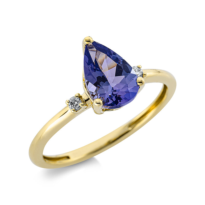 Ring 18 kt GG, 2 Brill. 0,04 ct, TW-si, 1 Tansanit 1,30 ct blau