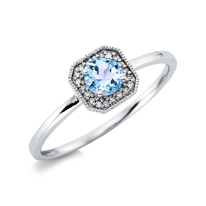 Ring 18 kt WG, 20 Dia. 0,04 ct, TW-si, 1 Topas 0,30 ct blau
