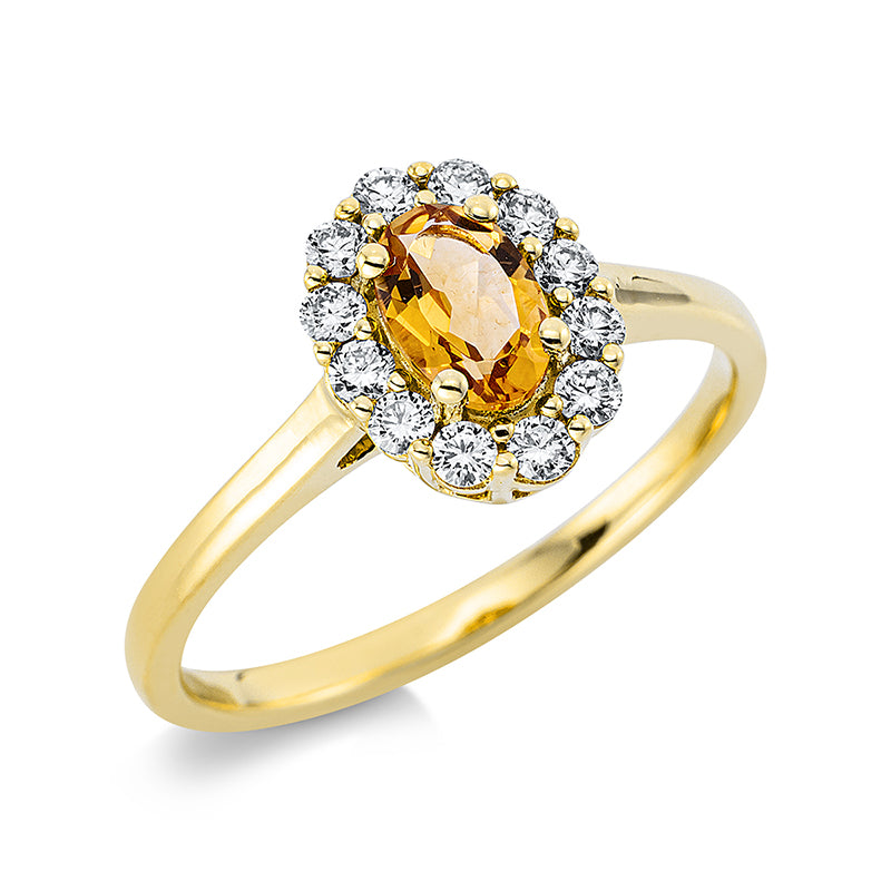 Ring 18 kt GG, 12 Brill. 0,26 ct, TW-si, 1 Citrin 0,44 ct gelb