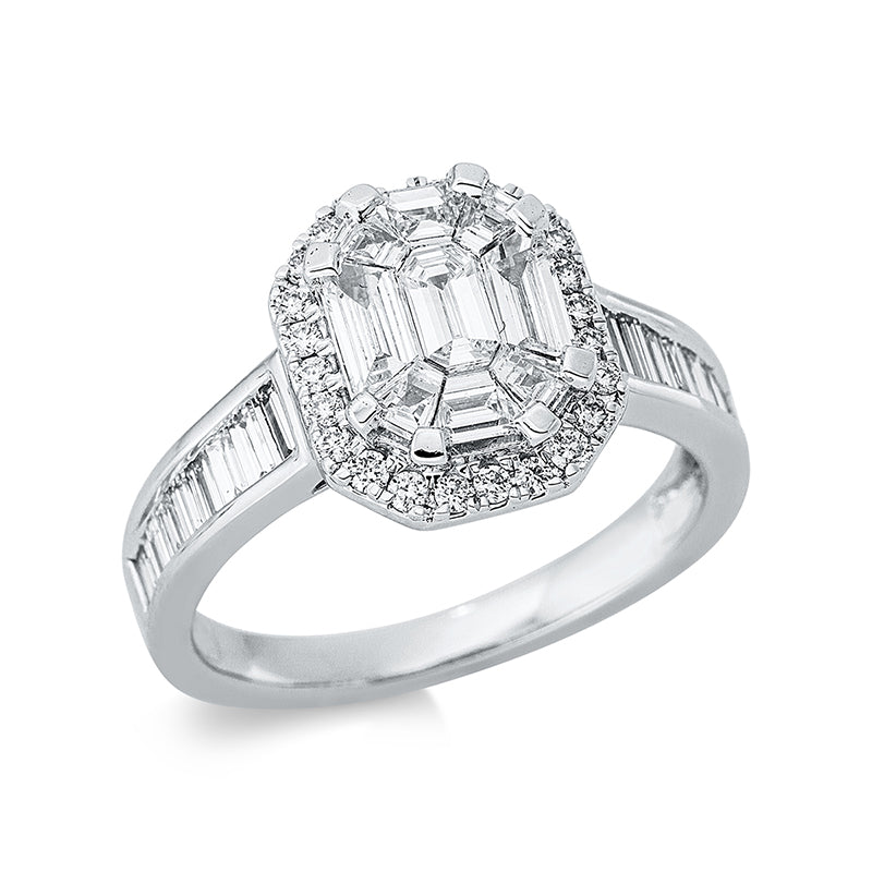 Ring 18 kt WG, 16 Bag. 0,55 ct, TW-si, 9 Fant-Schl. 0,77 ct, TW-si, 24 Brill. 0,20 ct, TW-si