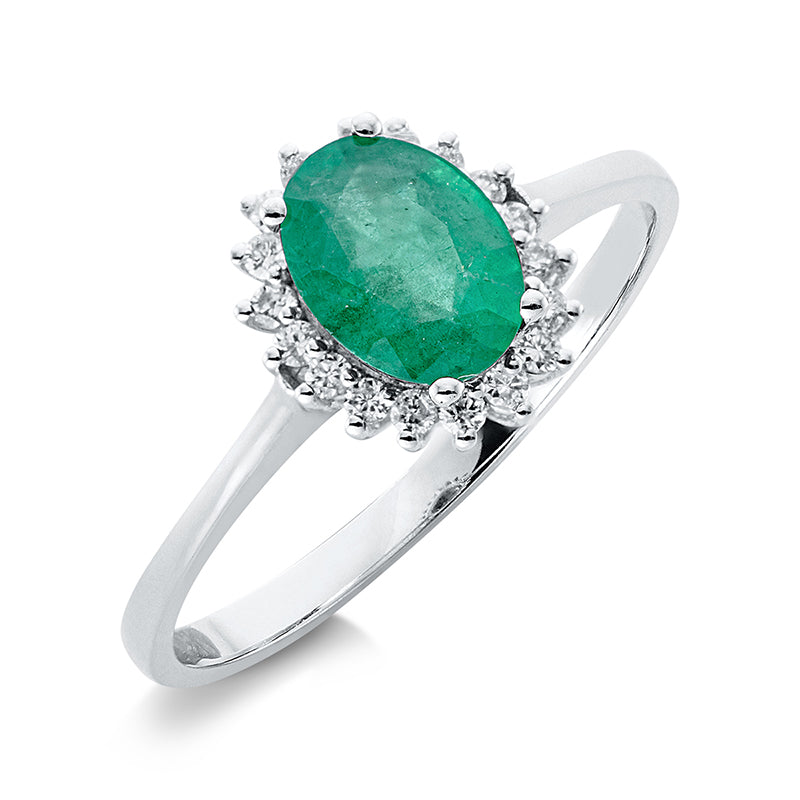Ring 18 kt WG, 18 Brill. 0,13 ct, F-si, 1 Smaragd 0,80 ct grün