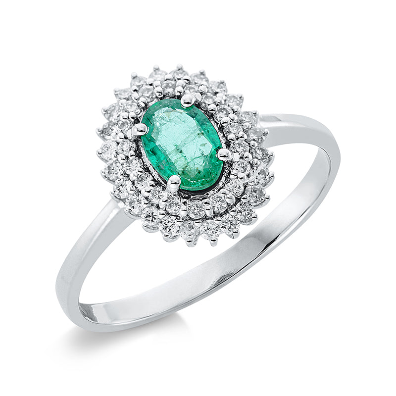 Ring 18 kt WG, 42 Brill. 0,26 ct, TW-si, 1 Smaragd 0,35 ct grün