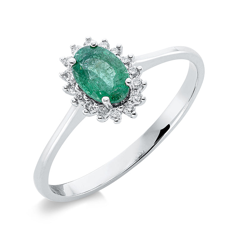 Ring 18 kt WG, 16 Brill. 0,09 ct, TW-si, 1 Smaragd 0,44 ct grün