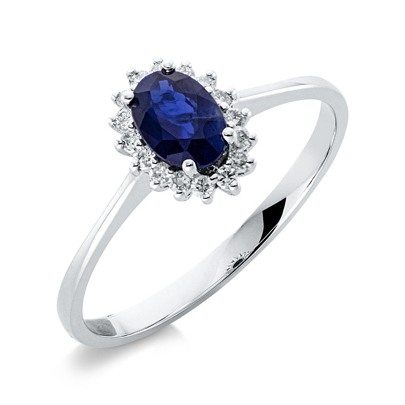 Ring 18 kt WG, 16 Brill. 0,10 ct, F-si, 1 Saphir 0,64 ct blau