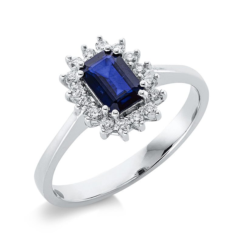 Ring 18 kt WG, 16 Brill. 0,14 ct, TW-si, 1 Saphir 0,68 ct blau