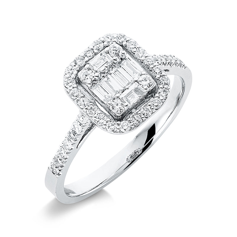 Ring 18 kt WG, 6 Bag. 0,16 ct, F-si, 40 Brill. 0,30 ct, F-si