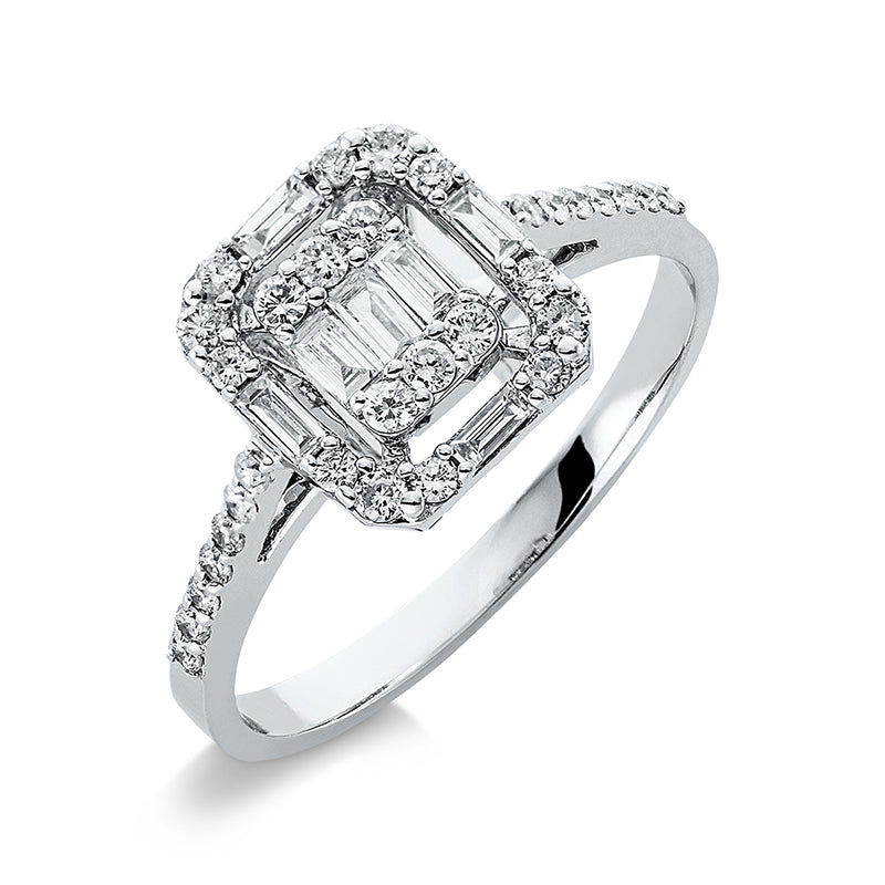 Ring 18 kt WG, 7 Bag. 0,17 ct, F-si, 32 Brill. 0,26 ct, F-si