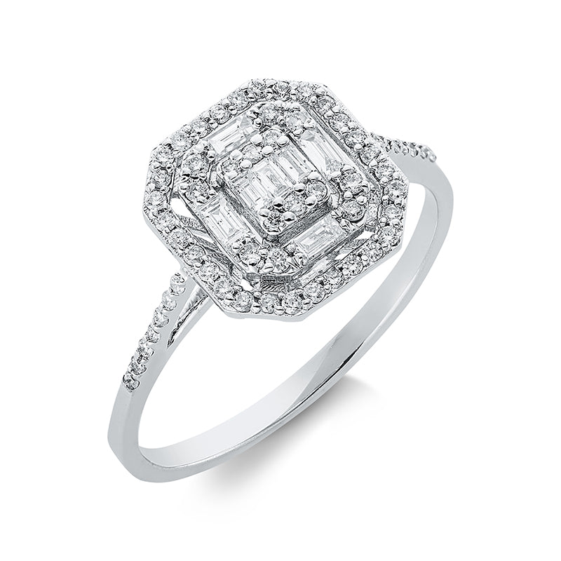 Ring 18 kt WG, 5 Bag. 0,09 ct, F-si, 2 Bag. 0,04 ct, F-si, 58 Brill. 0,20 ct, F-si