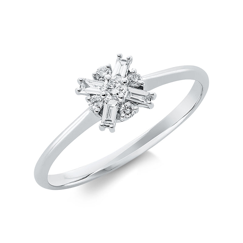 Ring 18 kt WG, 1 Brill. 0,04 ct, TW-si, 4 Bag. 0,09 ct, TW-si, 4 Brill. 0,05 ct, TW-si