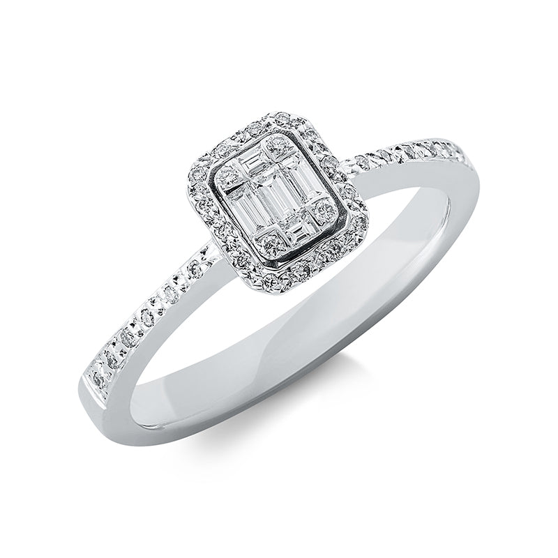 Ring 18 kt WG, 5 Bag. 0,08 ct, TW-vsi, 30 Brill. 0,19 ct, TW-vsi