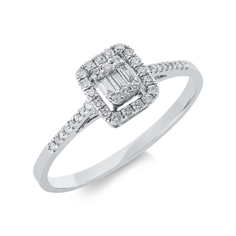 Ring 18 kt WG, 6 Brill. 0,02 ct, TW-si, 3 Bag. 0,04 ct, TW-si, 34 Brill. 0,13 ct, TW-si