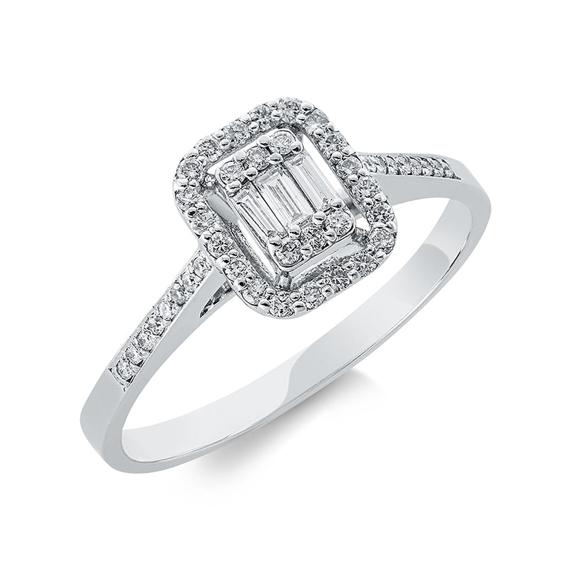 Ring 18 kt WG, 3 Bag. 0,06 ct, TW-si, 46 Brill. 0,11 ct, TW-si