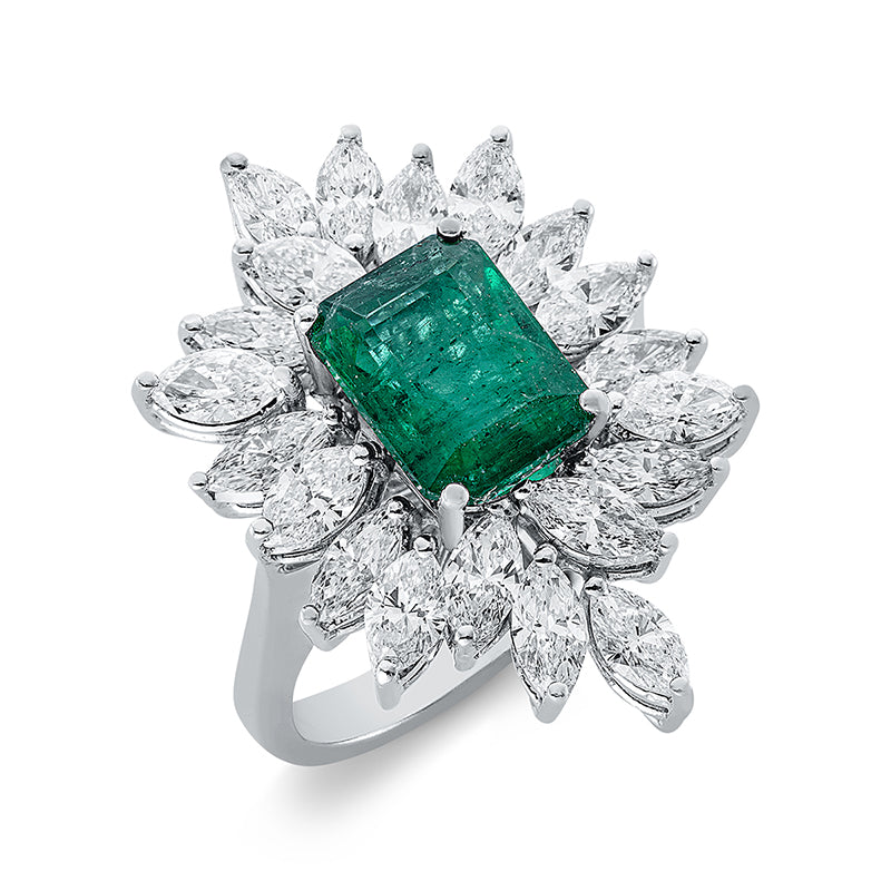 Ring 18 kt WG, 20 Tropfen 2,72 ct, W-vsi, 1 Smaragd 2,90 ct grün
