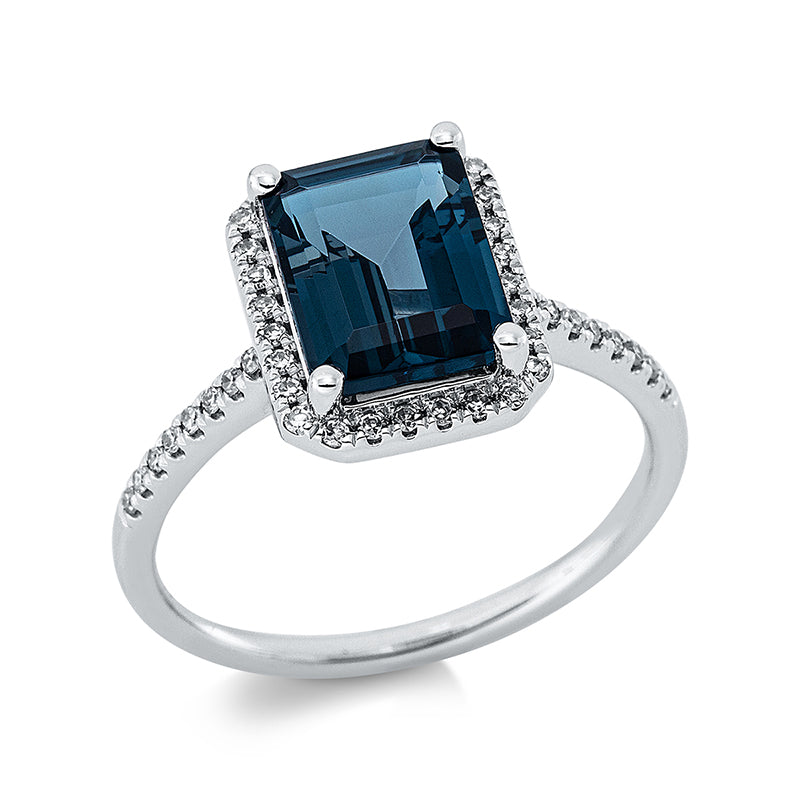 Ring 18 kt WG, 44 Dia. 0,18 ct, TW-si, 1 Topas 2,98 ct Lond. blue
