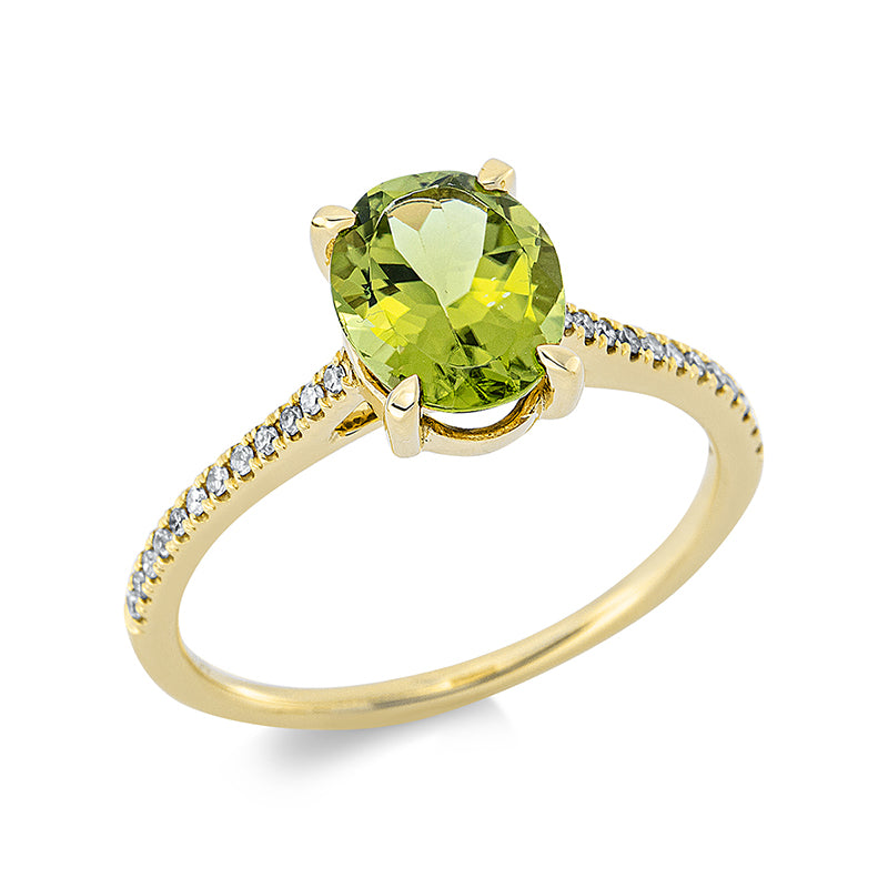 Ring 18 kt GG, 24 Dia. 0,09 ct, TW-si, 1 Peridot 1,93 ct grün