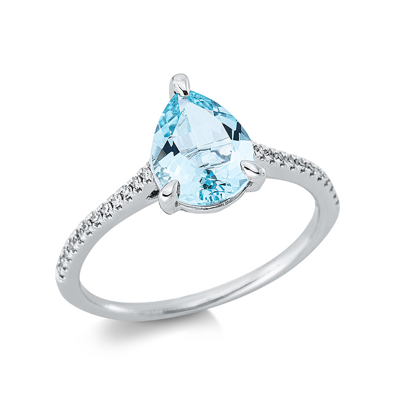 Ring 18 kt WG, 24 Dia. 0,09 ct, TW-si, 1 Aquamarin 1,38 ct blau