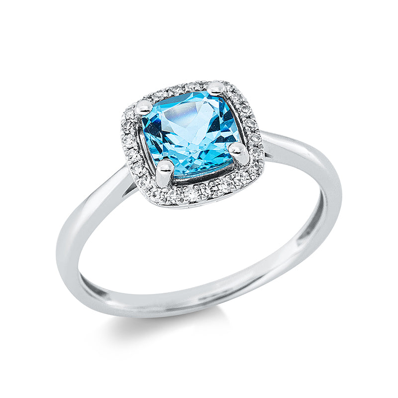 Ring 18 kt WG, 24 Dia. 0,10 ct, TW-si, 1 Topas 1,13 ct blau