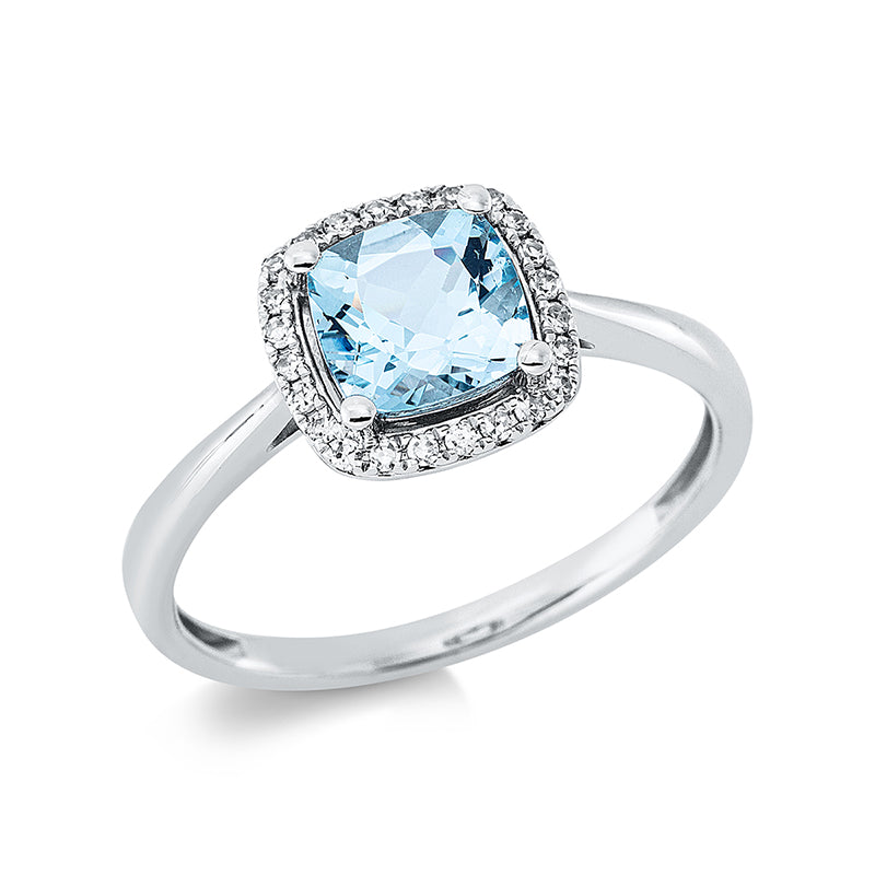 Ring 18 kt WG, 24 Dia. 0,10 ct, TW-si, 1 Aquamarin 0,94 ct blau