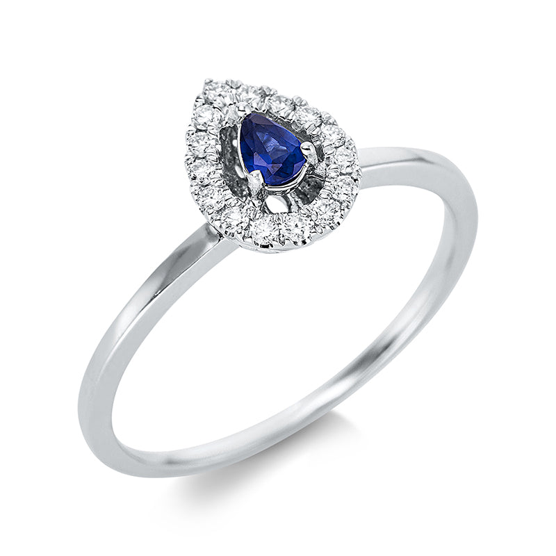Ring 18 kt WG, 15 Brill. 0,11 ct, TW-si, 1 Saphir 0,13 ct blau