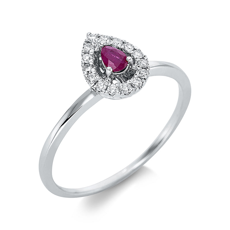 Ring 18 kt WG, 15 Brill. 0,11 ct, TW-si, 1 Rubin 0,10 ct rot